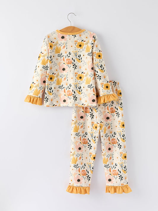 Fall Floral Print Girls Pajamas Set with Ruffle Details -
