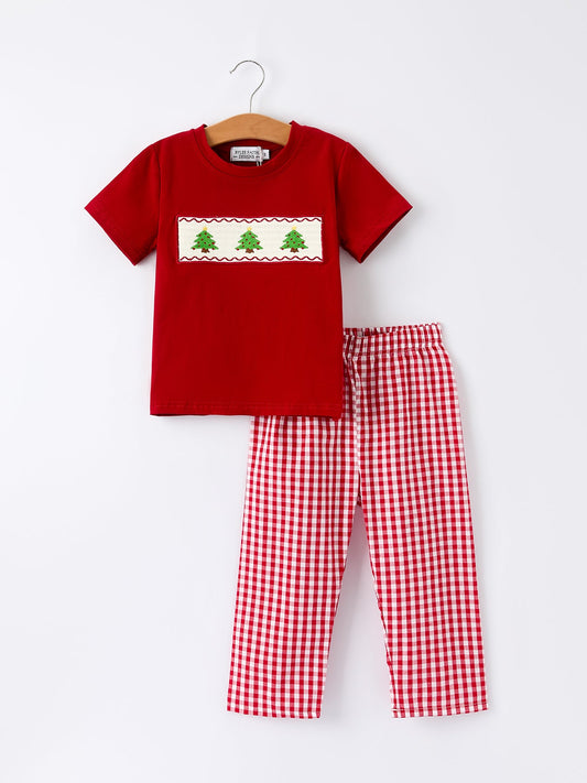 Christmas Smocking Embroidered Christmas Tree Plaid Boys Set -