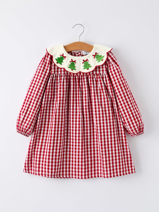 Christmas Embroidered Christmas Tree Plaid Girls Dress -