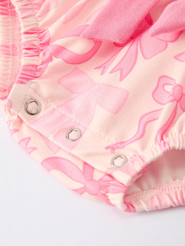Girls Pink Bow Print Long Sleeves Romper