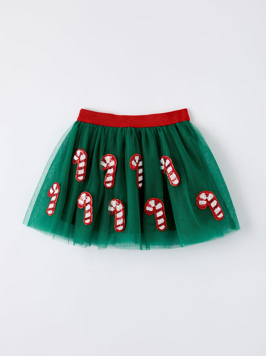 Christmas Candy Cane Sequin Applique Green Tulle Skirt -