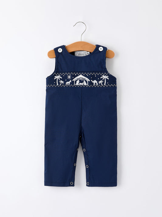 Christmas Navy Blue Nativity Smocking Embroidered Baby Boy Romper -