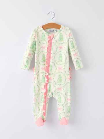 Christmas Tree Wreath Print Long Sleeve Zip Baby Girls Romper