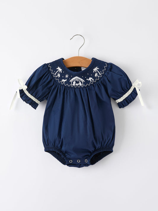 Navy Blue Nativity Smocking Embroidered Baby Girls Christmas Romper -