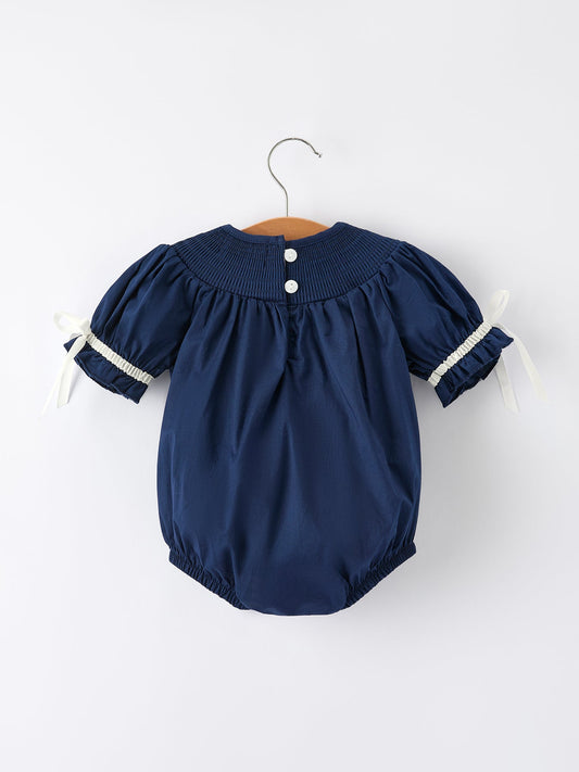 Navy Blue Nativity Smocking Embroidered Baby Girls Christmas Romper -