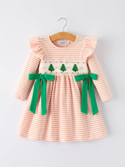 Christmas Tree Smocked Embroidery Stripe Baby Girls Dress -