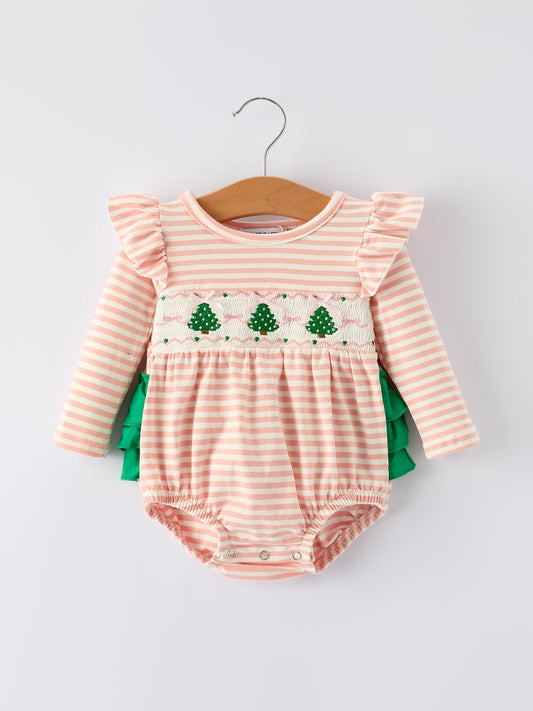 Christmas Tree Smocked Embroidery Stripe Baby Girls Romper -