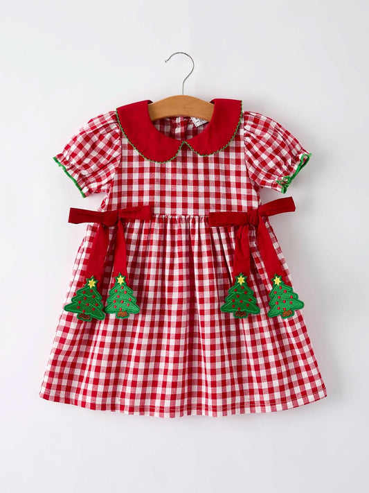 Girls Christmas Outfit – Red Plaid Dress with Tree Bow Accents -