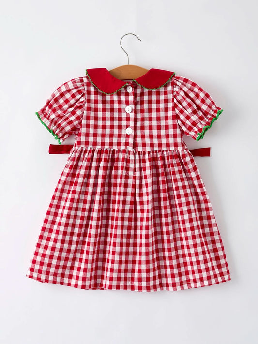 Girls Christmas Outfit – Red Plaid Dress with Tree Bow Accents -