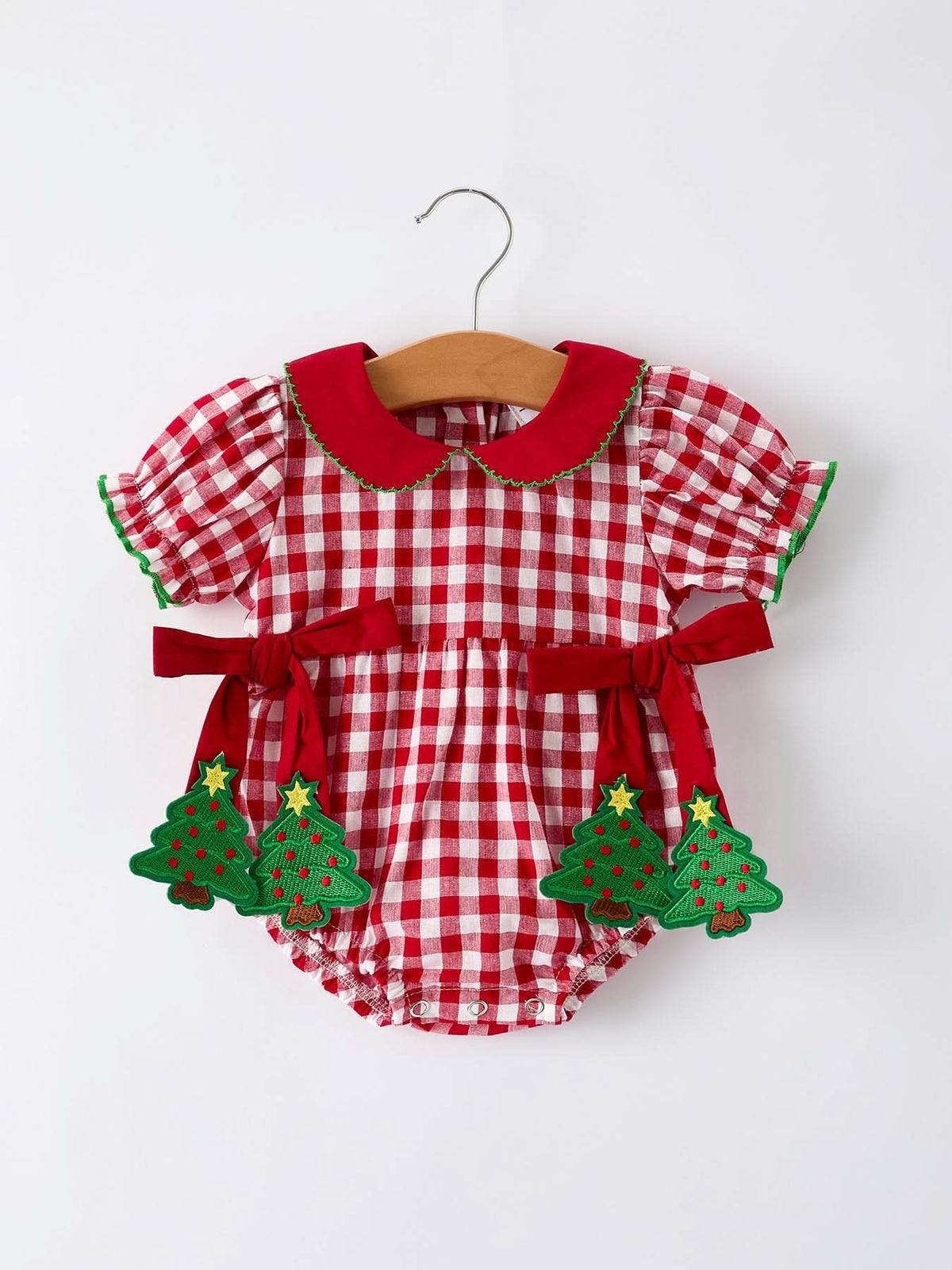 Baby Girls Christmas Outfit – Red Plaid Romper with Tree Bow Accents -