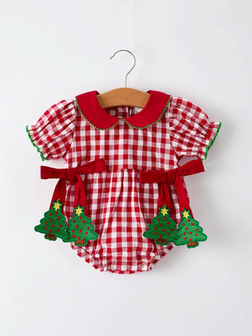 Baby Girls Christmas Outfit – Red Plaid Romper with Tree Bow Accents -