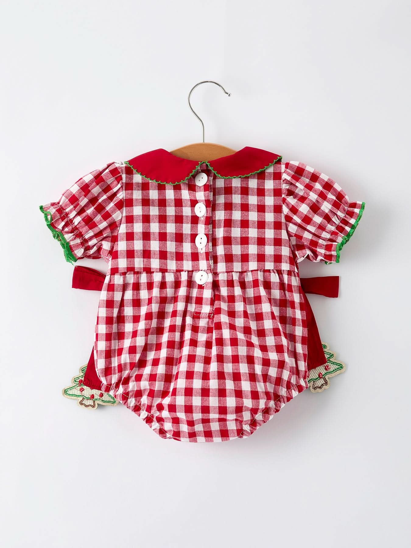 Baby Girls Christmas Outfit – Red Plaid Romper with Tree Bow Accents -