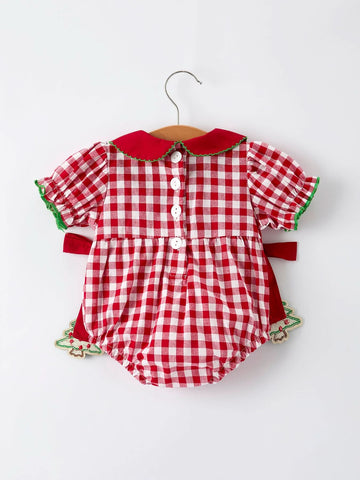 Baby Girls Christmas Outfit – Red Plaid Romper with Tree Bow Accents -