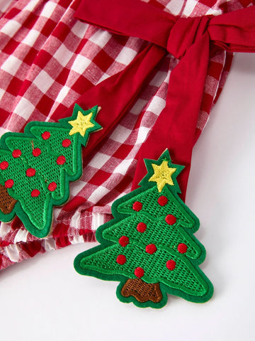 Baby Girls Christmas Outfit – Red Plaid Romper with Tree Bow Accents -