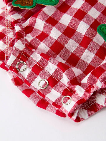 Baby Girls Christmas Outfit – Red Plaid Romper with Tree Bow Accents -
