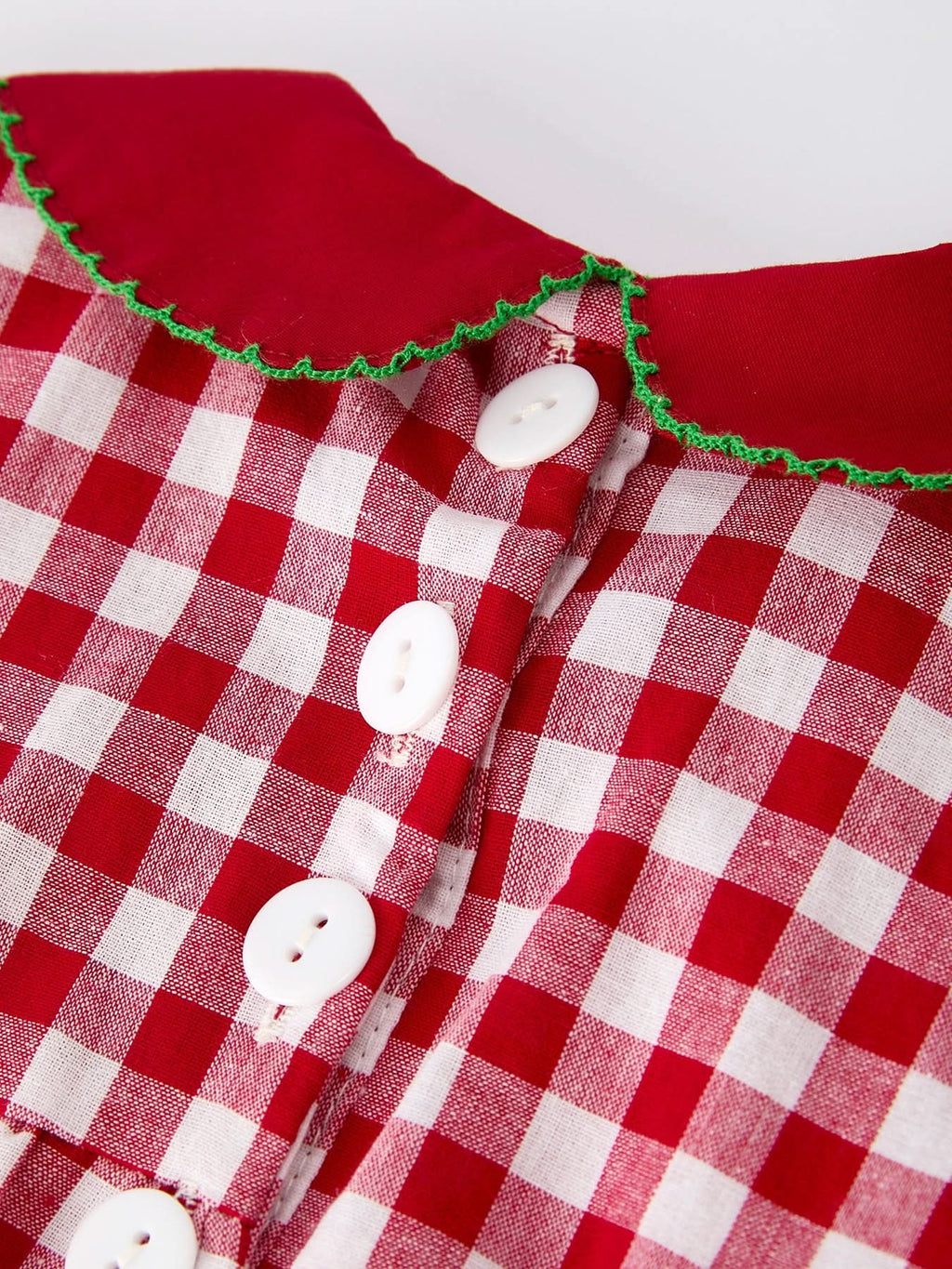 Baby Girls Christmas Outfit – Red Plaid Romper with Tree Bow Accents -