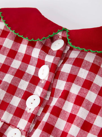 Baby Girls Christmas Outfit – Red Plaid Romper with Tree Bow Accents -