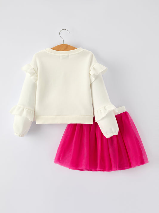 Girls Christian Outfit – Long Sleeve Faith Top & Pink Cross Mesh Skirt -