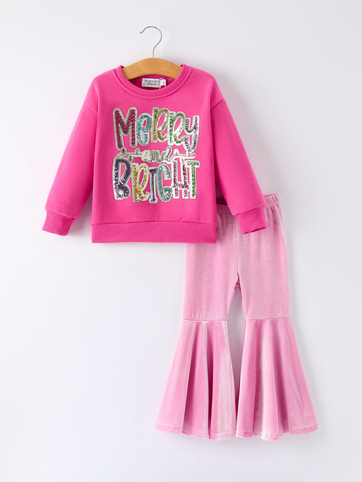 Toddler Girls Christmas Outfit – Pink Merry Bright Top and Bell Pants -