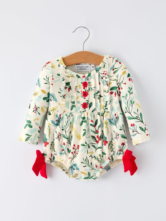 Baby Girls Christmas Romper – Holiday Bow Long Sleeve Outfit -