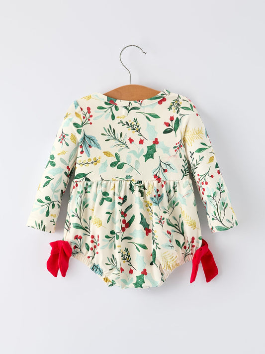 Baby Girls Christmas Romper – Holiday Bow Long Sleeve Outfit -