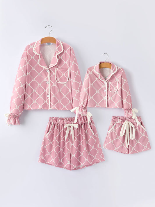 Mommy & me Autumn Check Bow Girls Lapel Pajamas -
