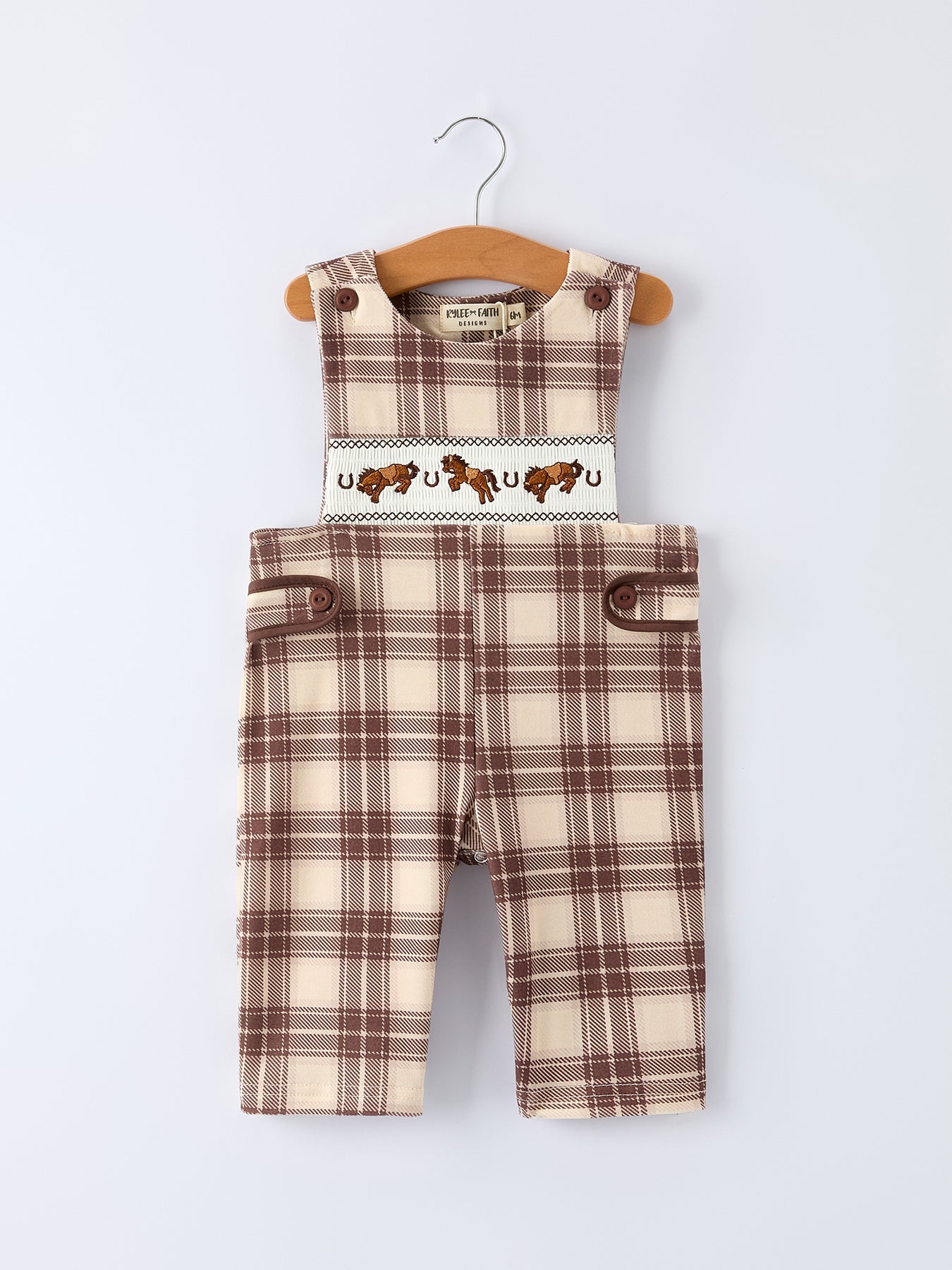 Western Horse Embroidered Smocked Plaid Baby Boy Romper -