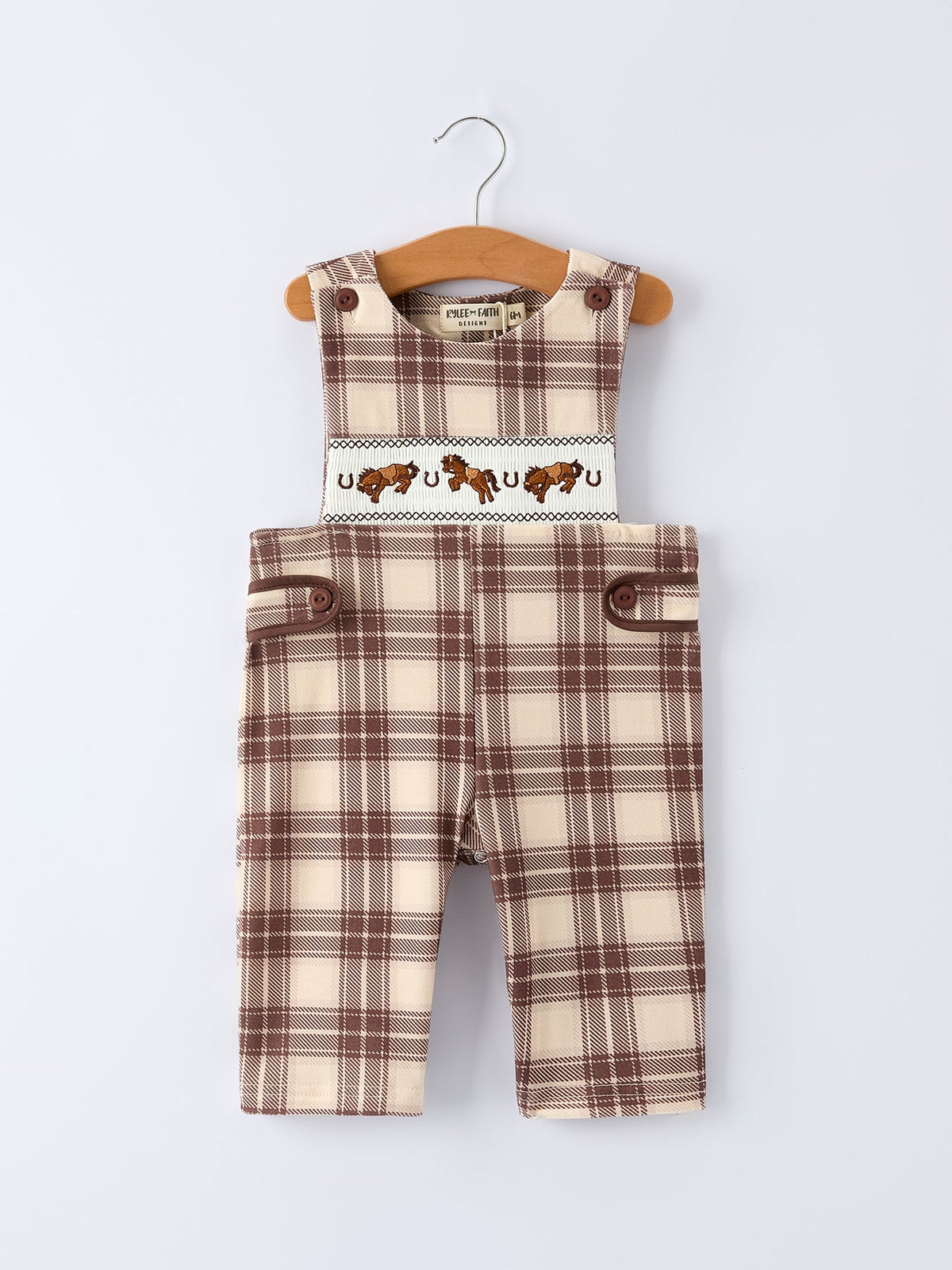 Western Horse Embroidered Smocked Plaid Baby Boy Romper -