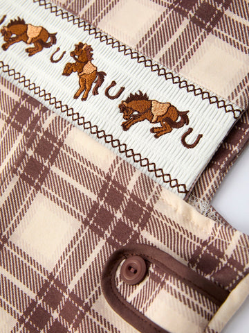 Western Horse Embroidered Smocked Plaid Baby Boy Romper -
