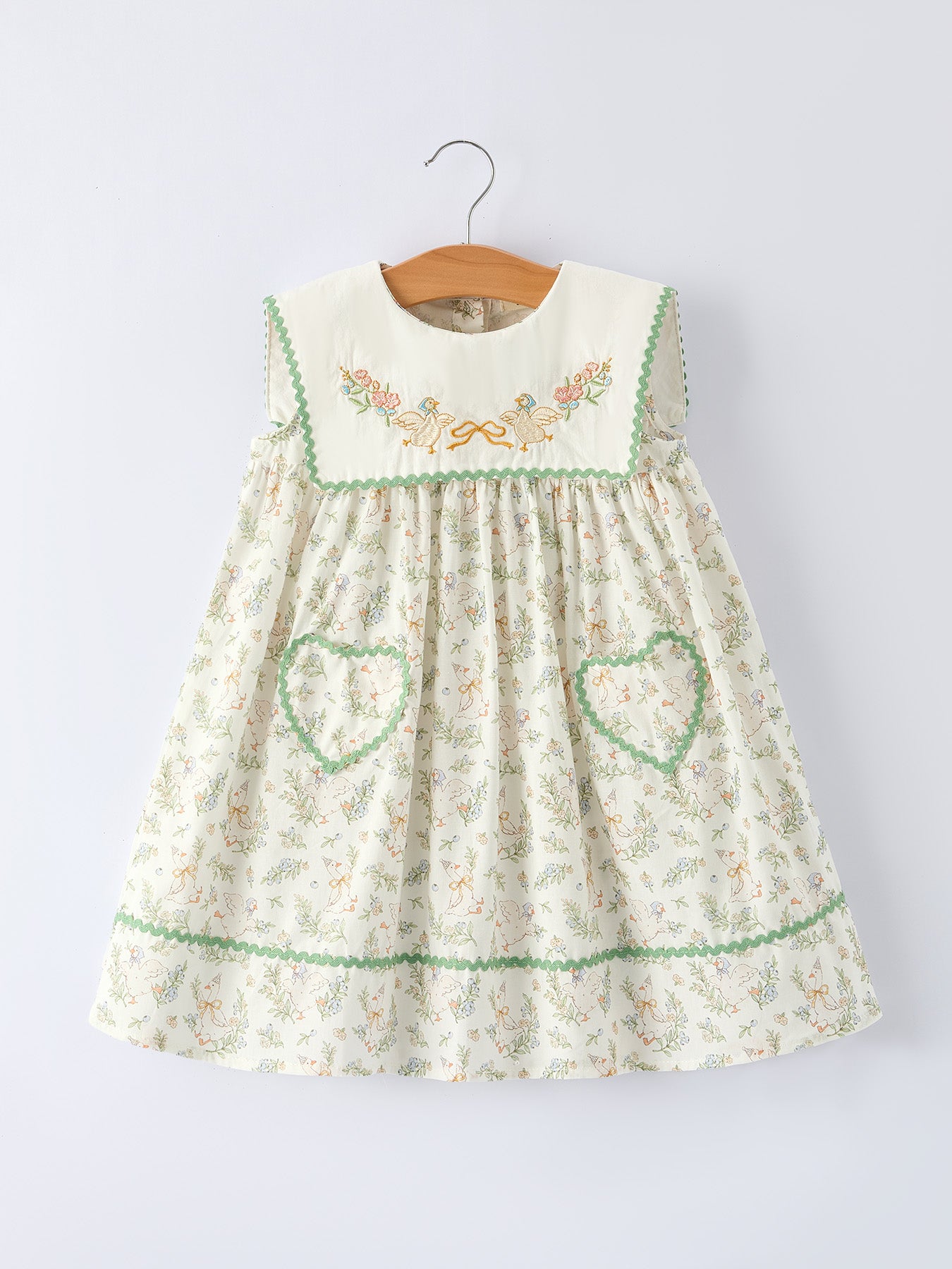 Vintage Floral Duck Embroidery Spring Girl Dress -