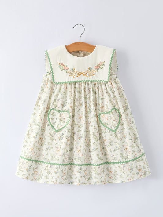Vintage Floral Duck Embroidery Spring Girl Dress -