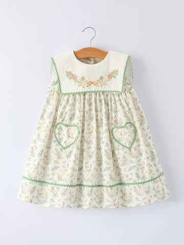 Vintage Floral Duck Embroidery Spring Girl Dress -