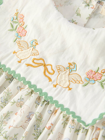 Vintage Floral Duck Embroidery Spring Girl Dress -