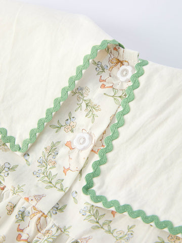 Vintage Floral Duck Embroidery Spring Girl Dress -