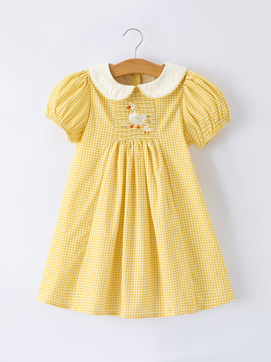 Yellow Goose Embroidered Smocked Plaid Dress -