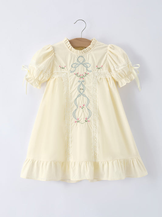 Embroidered Lace Girls' Short-sleeved Dress - Beige