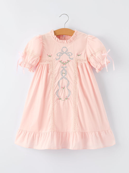 Embroidered Lace Girls' Short-sleeved Dress - Pink