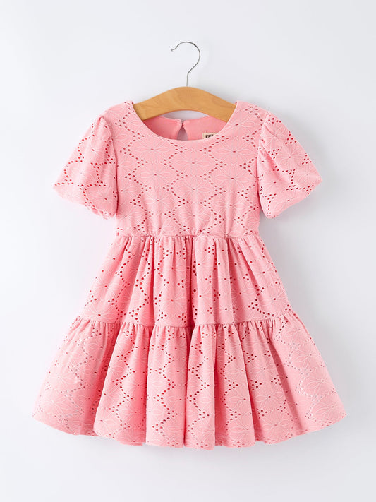 Pink Eyelet Embroidered Girl Short Sleeve Dress -
