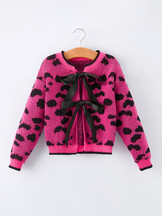 Fall Leopard Bow Girls Knit Cardigan -