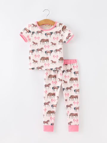 Girls Western Horse Bow Pajamas Set Print