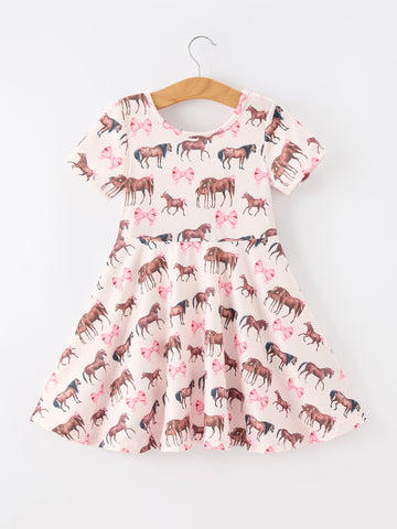 Girls Western Horse Print Twirl Dress Short Sleeve
