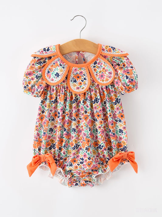 Orange Floral Bow Petals Collar Girls Romper -