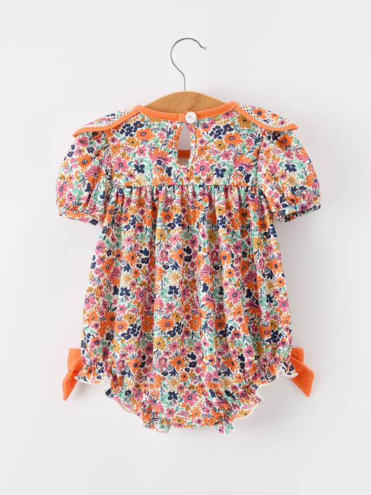 Orange Floral Bow Petals Collar Girls Romper -