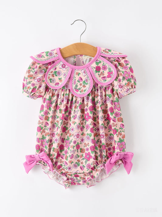 Pink Floral Bow Petals Collar Girls Romper -