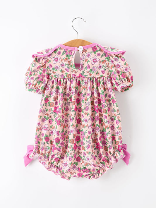 Pink Floral Bow Petals Collar Girls Romper -