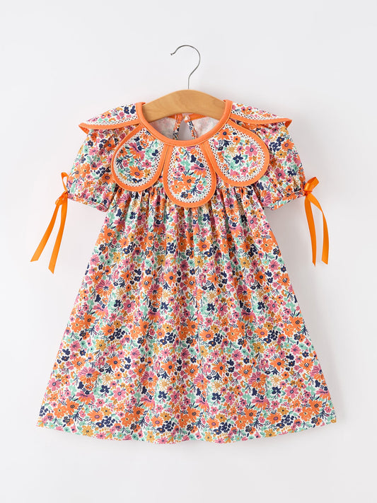 Orange Floral Bow Petals Collar Girls Dress -