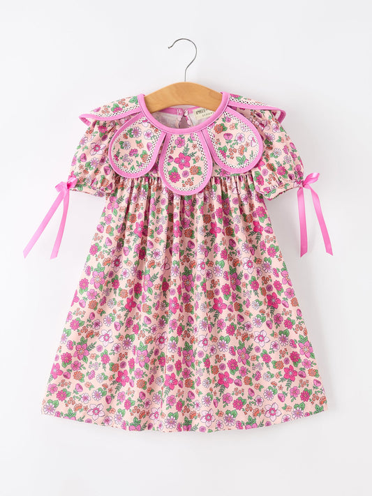 Pink Floral Bow Petals Collar Girls Dress -