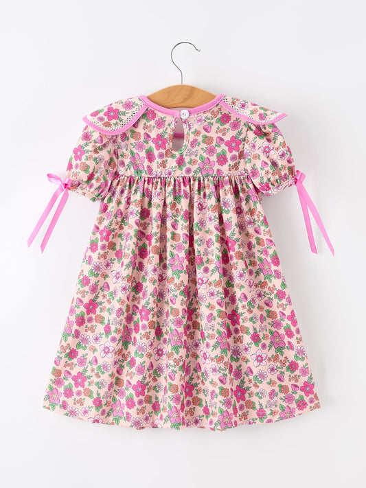 Pink Floral Bow Petals Collar Girls Dress -