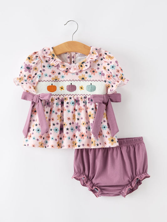 Halloween Thanksgiving Pumpkin Floral Bow Bloomer Set -
