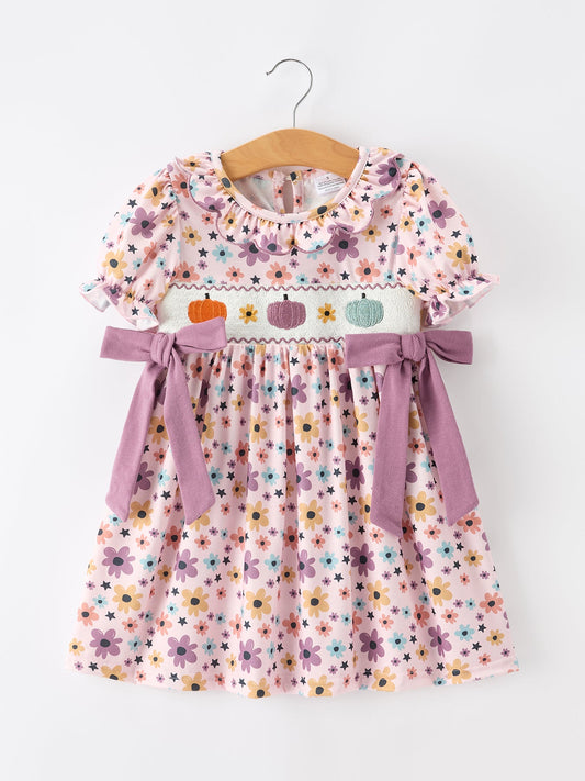 Halloween Thanksgiving Pumpkin Floral Bow Girls Dress -